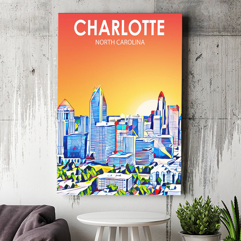 Charlotte North Carolina Art Sunset Landscape ,City Art Print, Large Canvas, Canvas Print Wall Art Home Decor