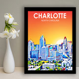 Charlotte North Carolina Art Sunset Landscape, City Art Print, Framed Art Print Wall Art Home Decor, Framed Picture
