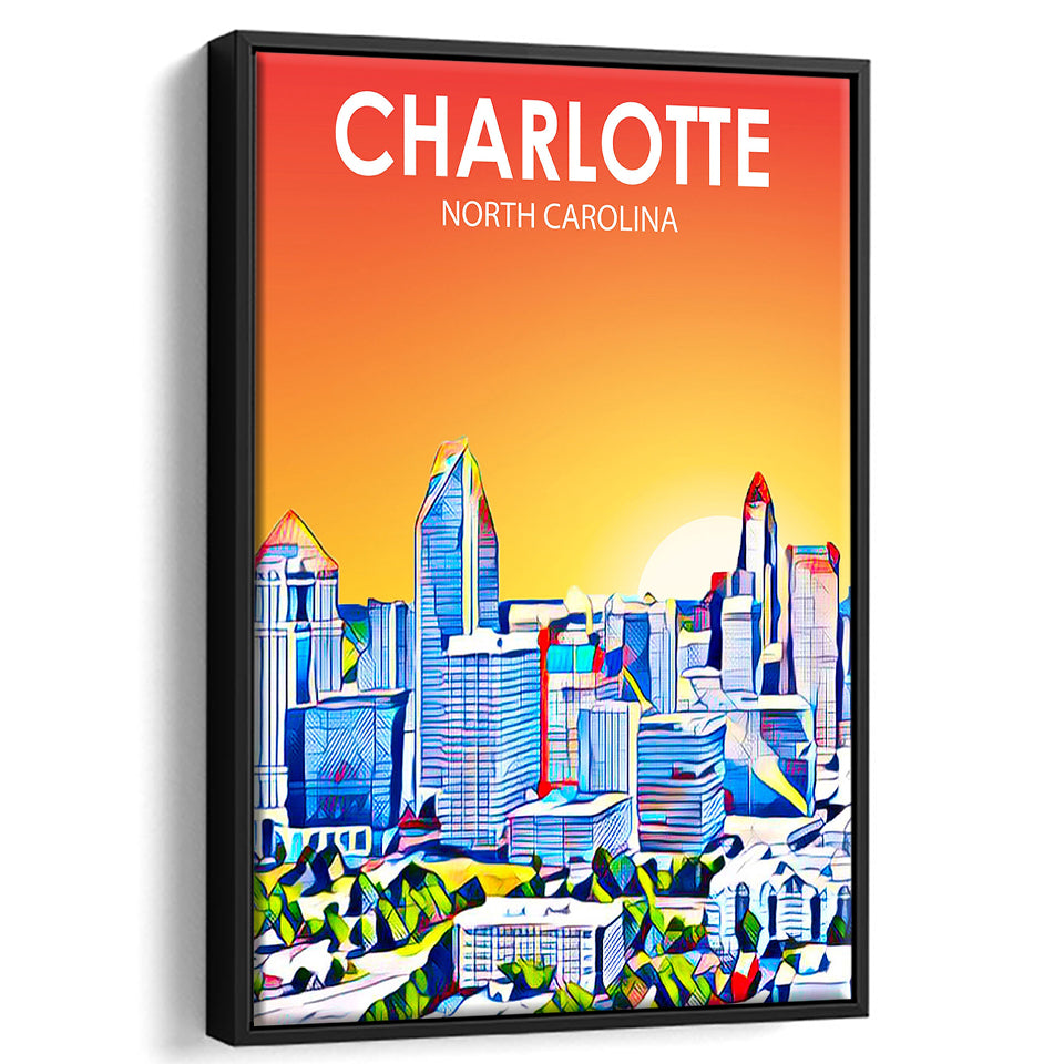 Charlotte North Carolina Art Sunset Landscape, Large Canvas, Framed Canvas Print Wall Art Home Decor, Floating Frame