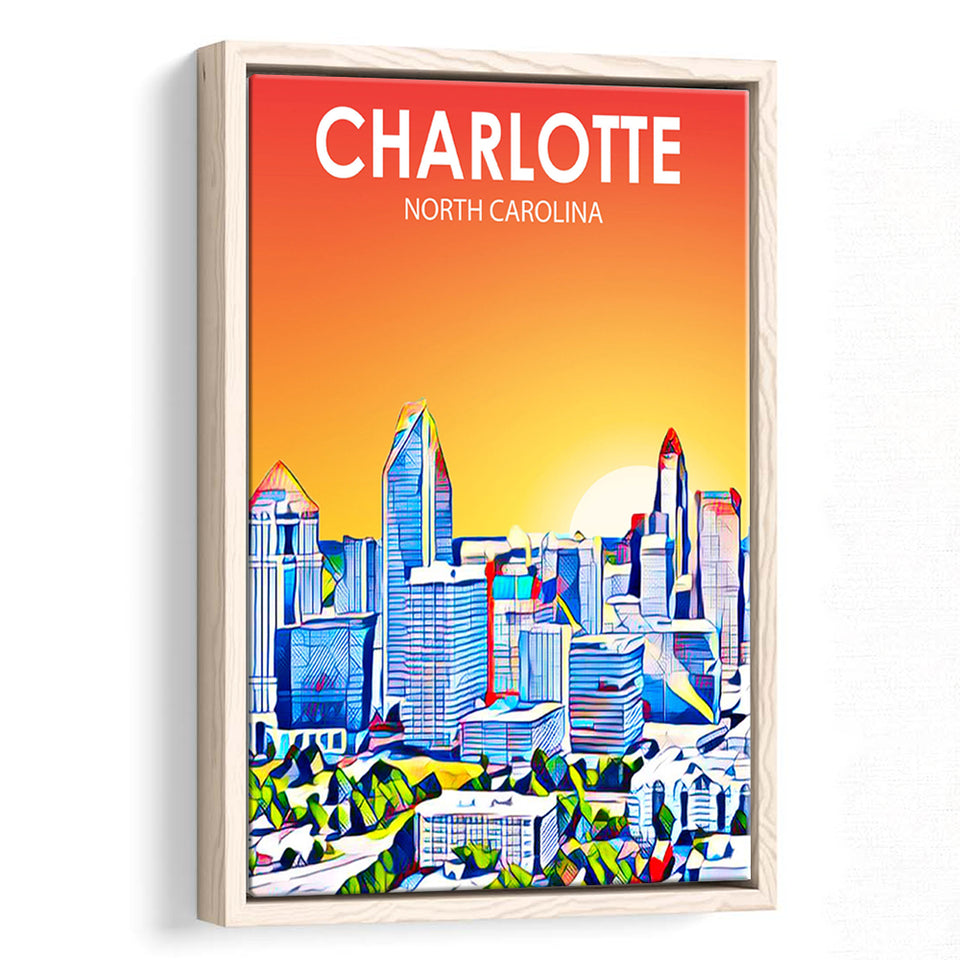 Charlotte North Carolina Art Sunset Landscape, Large Canvas, Framed Canvas Print Wall Art Home Decor, Floating Frame