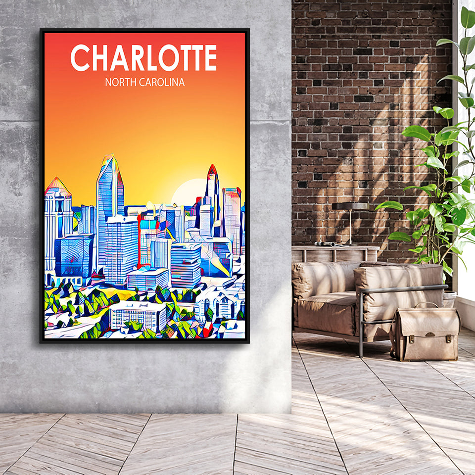 Charlotte North Carolina Art Sunset Landscape, Large Canvas, Framed Canvas Print Wall Art Home Decor, Floating Frame