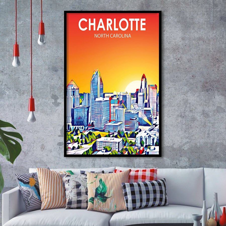 Charlotte North Carolina Art Sunset Landscape, City Art Print, Framed Art Print Wall Art Home Decor, Framed Picture