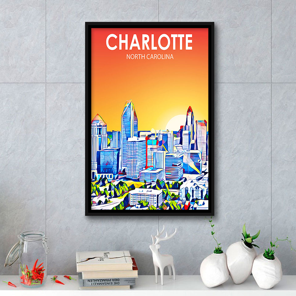 Charlotte North Carolina Art Sunset Landscape, Large Canvas, Framed Canvas Print Wall Art Home Decor, Floating Frame