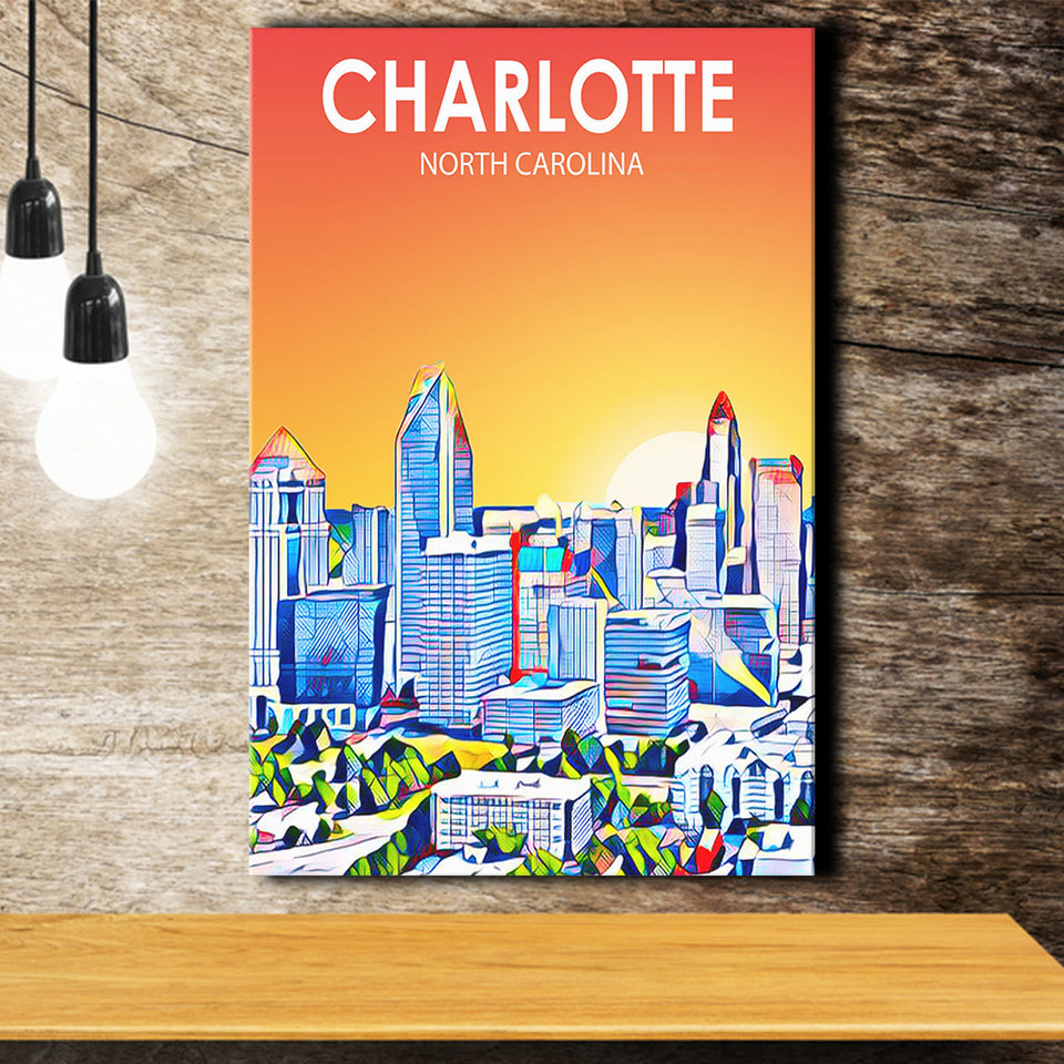 Charlotte North Carolina Art Sunset Landscape ,City Art Print, Large Canvas, Canvas Print Wall Art Home Decor
