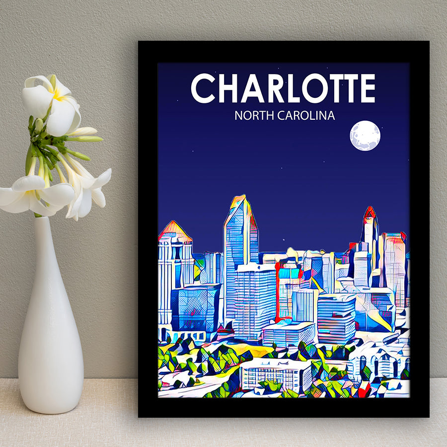 Charlotte North Carolina Art Night Landscape, City Art Print, Framed Art Print Wall Art Home Decor, Framed Picture