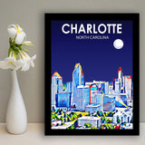 Charlotte North Carolina Art Night Landscape, City Art Print, Framed Art Print Wall Art Home Decor, Framed Picture