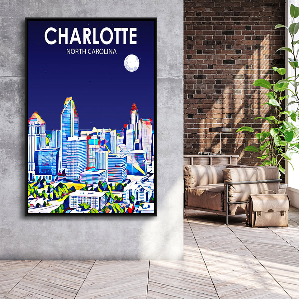 Charlotte North Carolina Art Night Landscape, Large Canvas, Framed Canvas Print Wall Art Home Decor, Floating Frame