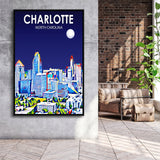 Charlotte North Carolina Art Night Landscape, Large Canvas, Framed Canvas Print Wall Art Home Decor, Floating Frame