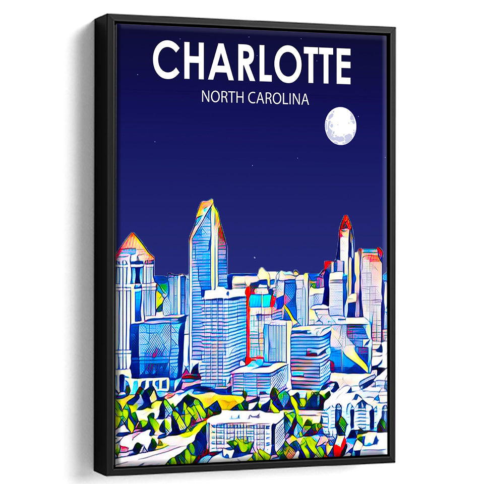 Charlotte North Carolina Art Night Landscape, Large Canvas, Framed Canvas Print Wall Art Home Decor, Floating Frame