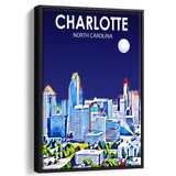 Charlotte North Carolina Art Night Landscape, Large Canvas, Framed Canvas Print Wall Art Home Decor, Floating Frame