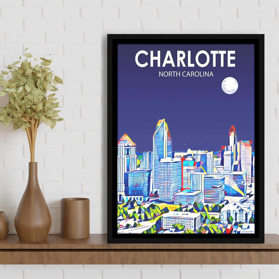 Charlotte North Carolina Art Night Landscape, Large Canvas, Framed Canvas Print Wall Art Home Decor, Floating Frame