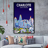 Charlotte North Carolina Art Night Landscape, City Art Print, Framed Art Print Wall Art Home Decor, Framed Picture