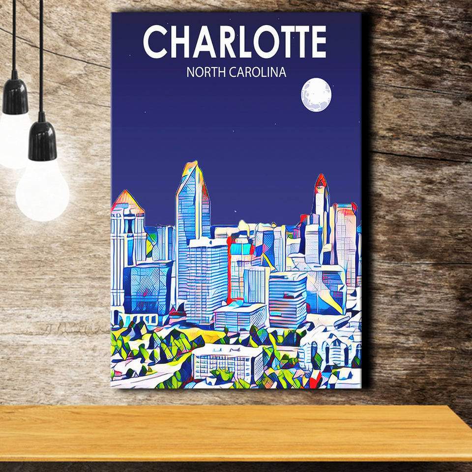 Charlotte North Carolina Art Night Landscape ,City Art Print, Large Canvas, Canvas Print Wall Art Home Decor