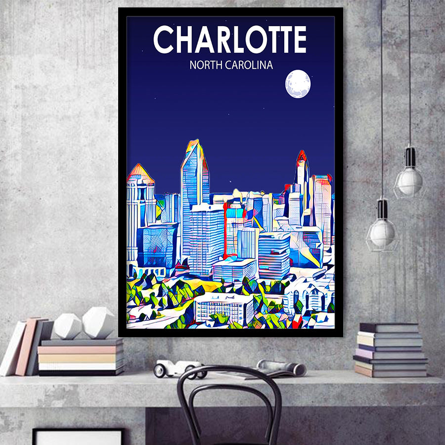 Charlotte North Carolina Art Night Landscape, City Art Print, Framed Art Print Wall Art Home Decor, Framed Picture