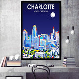 Charlotte North Carolina Art Night Landscape, City Art Print, Framed Art Print Wall Art Home Decor, Framed Picture