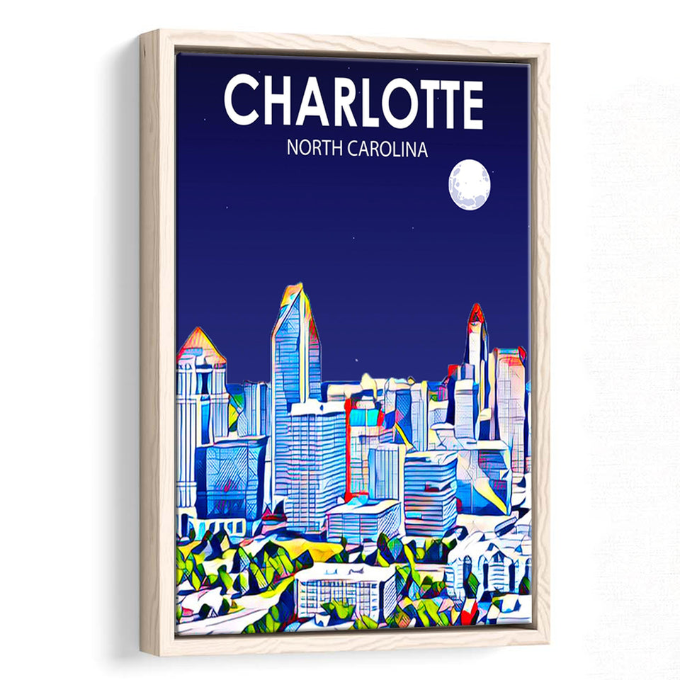 Charlotte North Carolina Art Night Landscape, Large Canvas, Framed Canvas Print Wall Art Home Decor, Floating Frame
