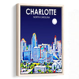 Charlotte North Carolina Art Night Landscape, Large Canvas, Framed Canvas Print Wall Art Home Decor, Floating Frame
