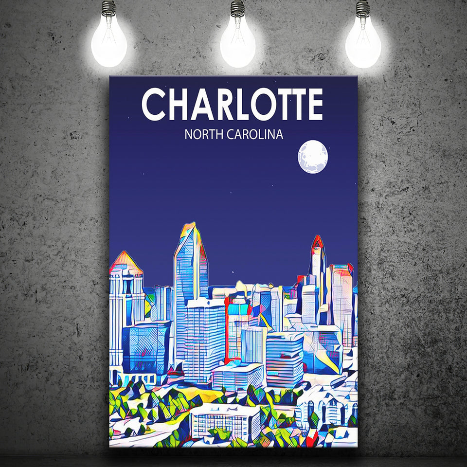 Charlotte North Carolina Art Night Landscape ,City Art Print, Large Canvas, Canvas Print Wall Art Home Decor