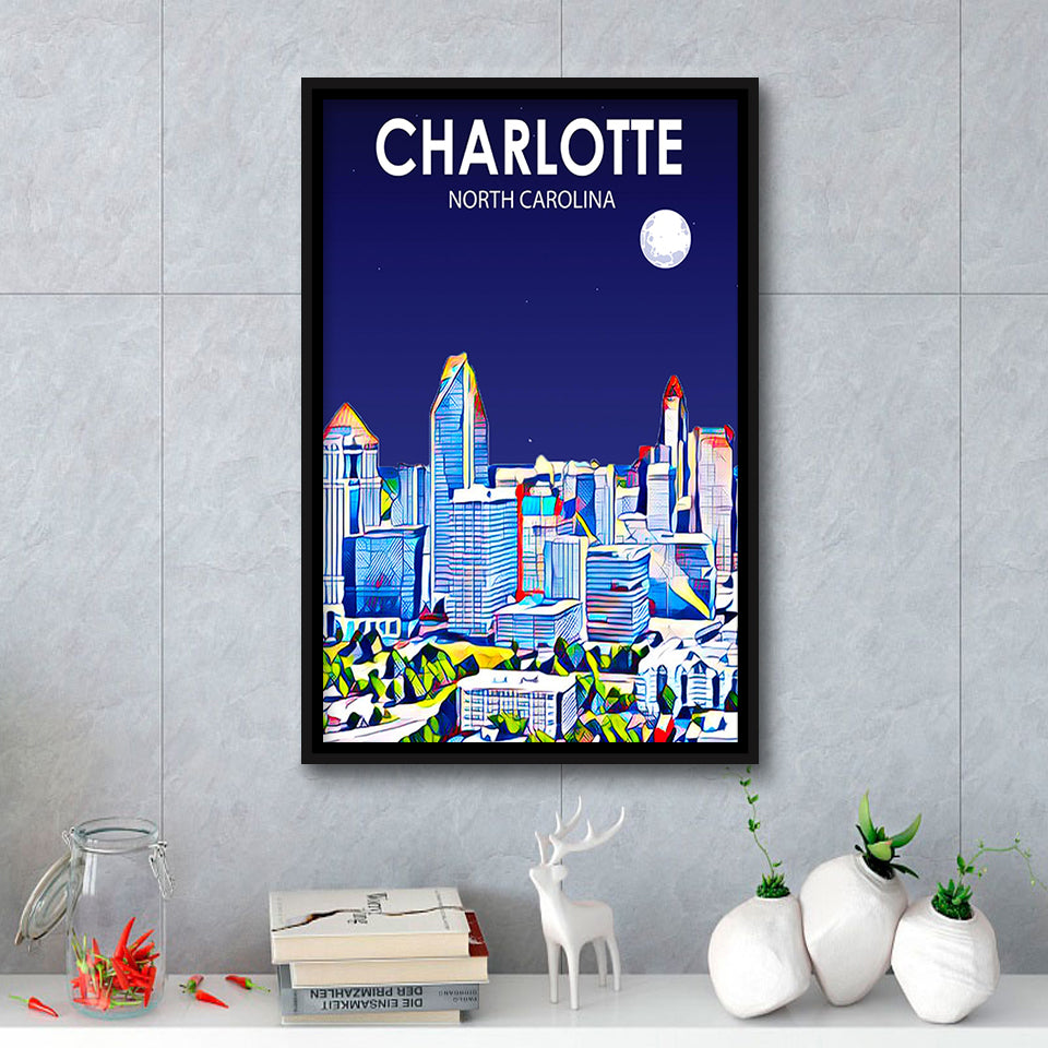 Charlotte North Carolina Art Night Landscape, Large Canvas, Framed Canvas Print Wall Art Home Decor, Floating Frame