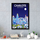 Charlotte North Carolina Art Night Landscape, Large Canvas, Framed Canvas Print Wall Art Home Decor, Floating Frame
