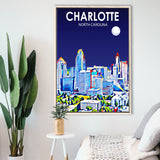 Charlotte North Carolina Art Night Landscape, Large Canvas, Framed Canvas Print Wall Art Home Decor, Floating Frame
