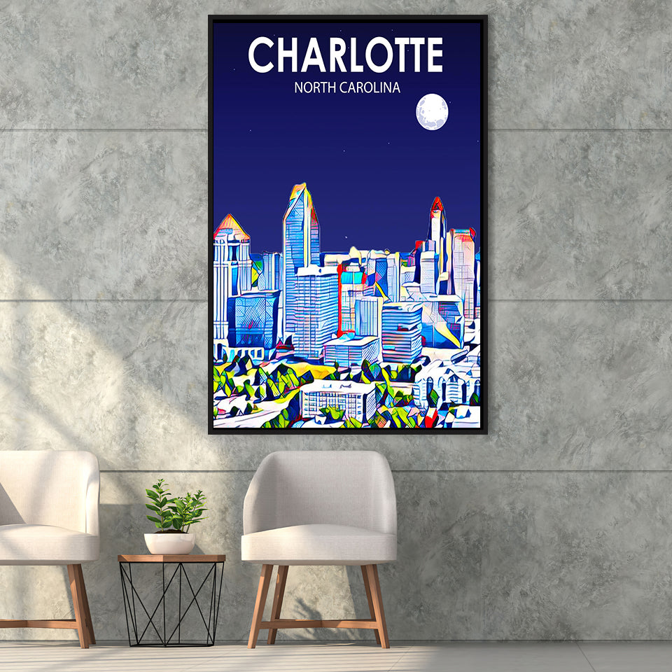 Charlotte North Carolina Art Night Landscape, Large Canvas, Framed Canvas Print Wall Art Home Decor, Floating Frame
