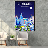 Charlotte North Carolina Art Night Landscape, Large Canvas, Framed Canvas Print Wall Art Home Decor, Floating Frame