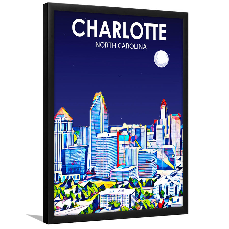 Charlotte North Carolina Art Night Landscape, City Art Print, Framed Art Print Wall Art Home Decor, Framed Picture