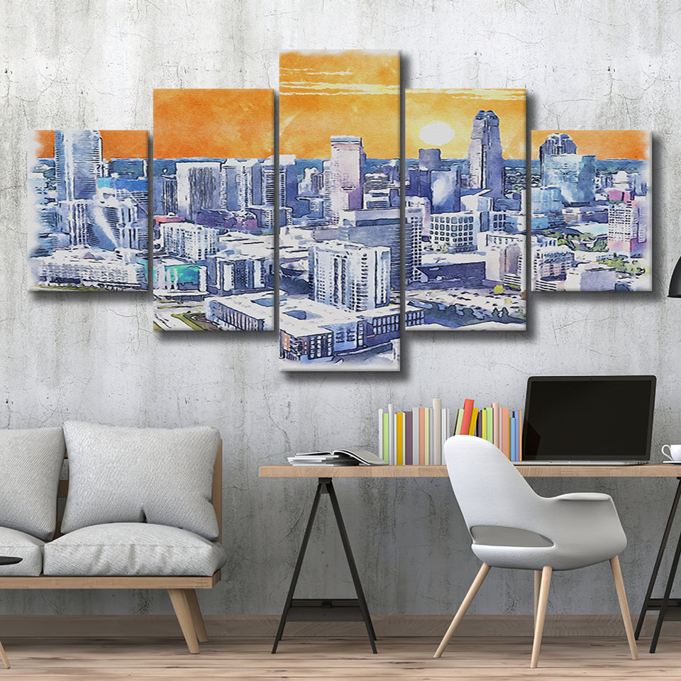 Charlotte Watercolor Charlotte North Carolina, 5 Pieces, Multi Panel Canvas Prints Wall Art Decor