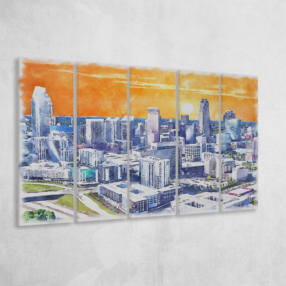 Charlotte Watercolor Charlotte North Carolina, 5 Pieces B, Multi Panel Canvas Prints Wall Art Decor