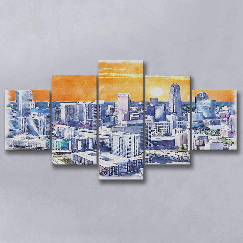 Charlotte Watercolor Charlotte North Carolina, 5 Pieces, Multi Panel Canvas Prints Wall Art Decor