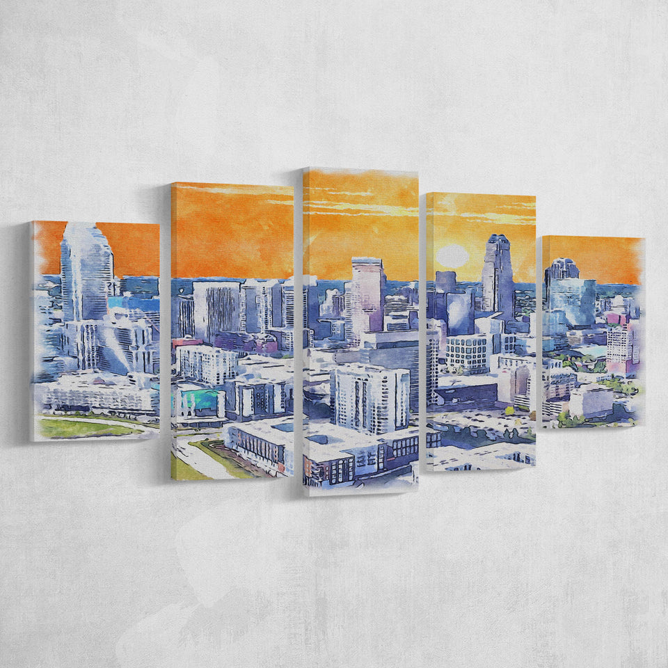 Charlotte Watercolor Charlotte North Carolina, 5 Pieces, Multi Panel Canvas Prints Wall Art Decor