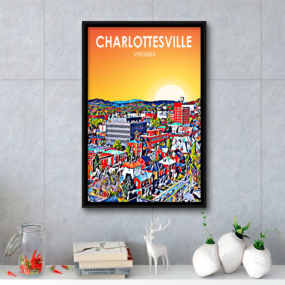 Charlottesville Virginia Art Sunset Night Landscape, Large Canvas, Framed Canvas Print Wall Art Home Decor, Floating Frame