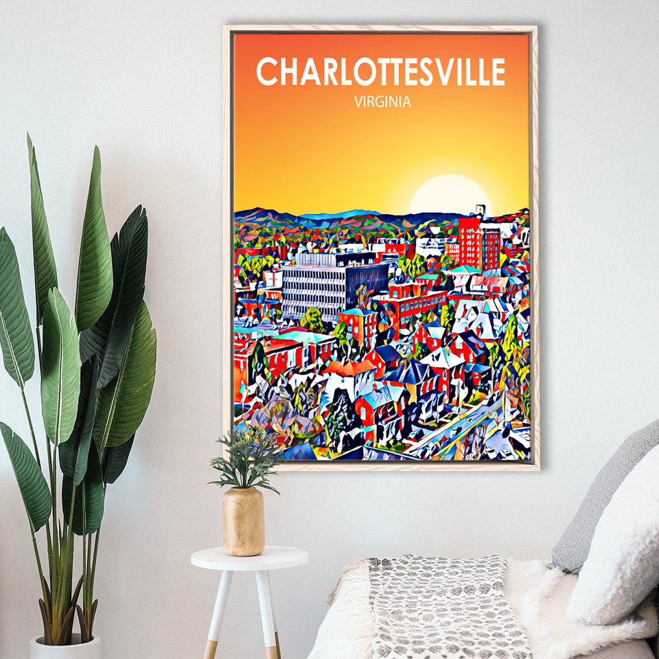 Charlottesville Virginia Art Sunset Night Landscape, Large Canvas, Framed Canvas Print Wall Art Home Decor, Floating Frame