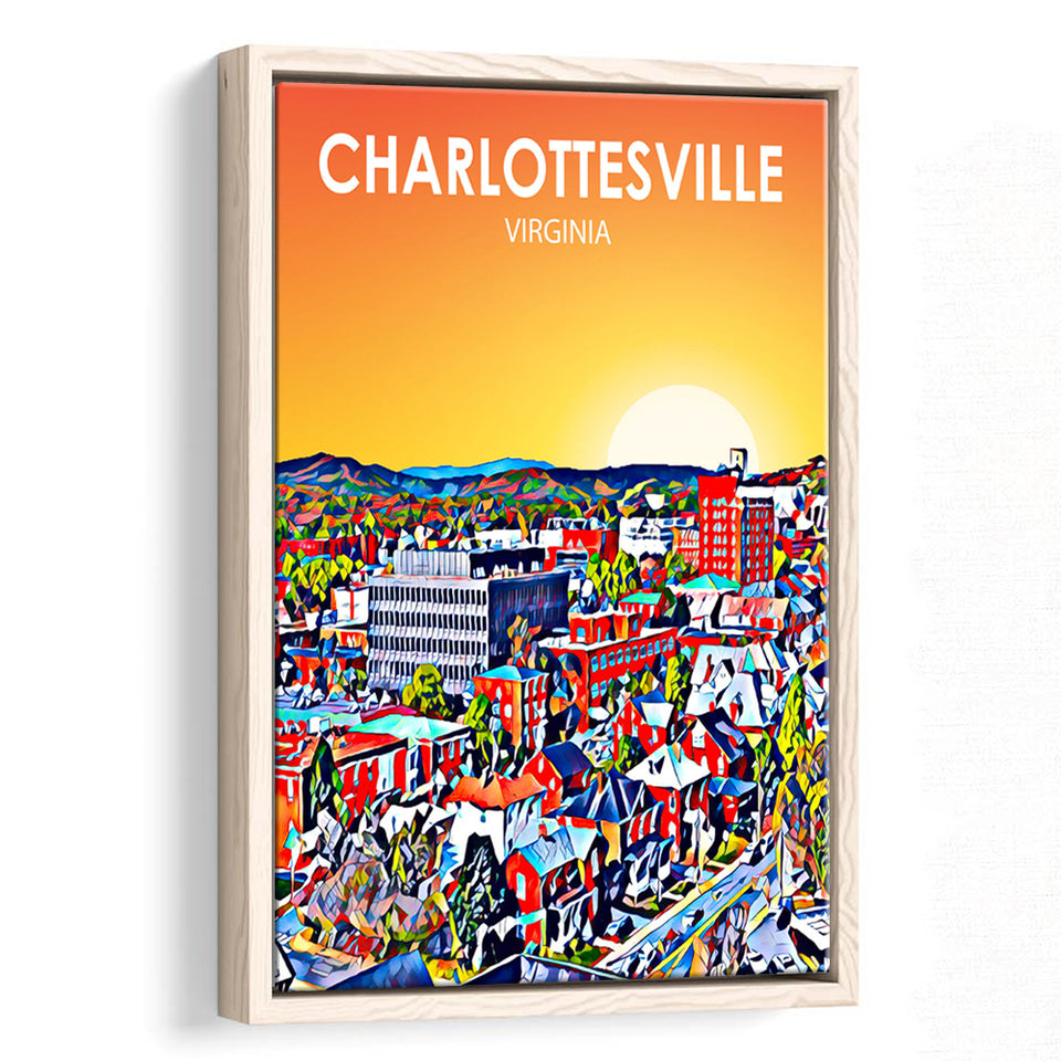 Charlottesville Virginia Art Sunset Night Landscape, Large Canvas, Framed Canvas Print Wall Art Home Decor, Floating Frame