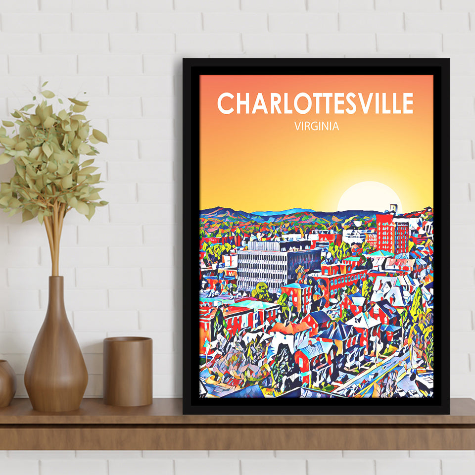 Charlottesville Virginia Art Sunset Night Landscape, Large Canvas, Framed Canvas Print Wall Art Home Decor, Floating Frame