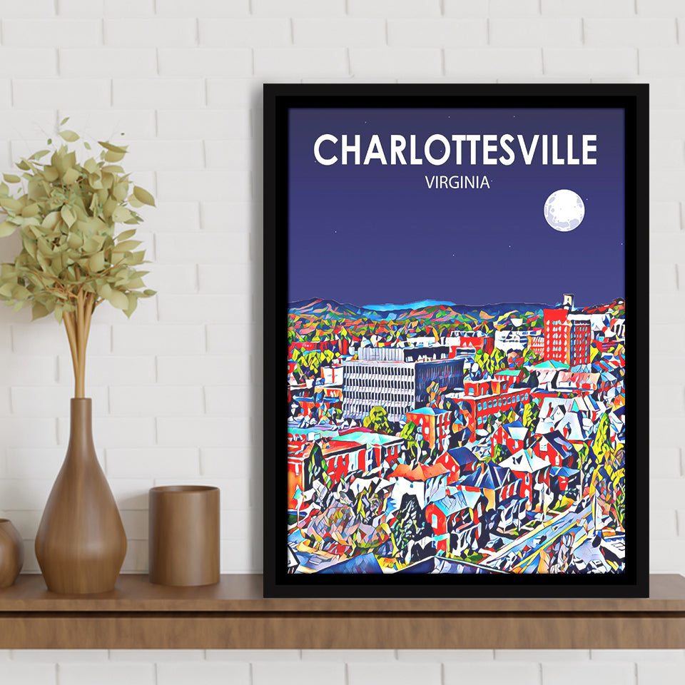 Charlottesville Virginia Art Night Landscape, Large Canvas, Framed Canvas Print Wall Art Home Decor, Floating Frame