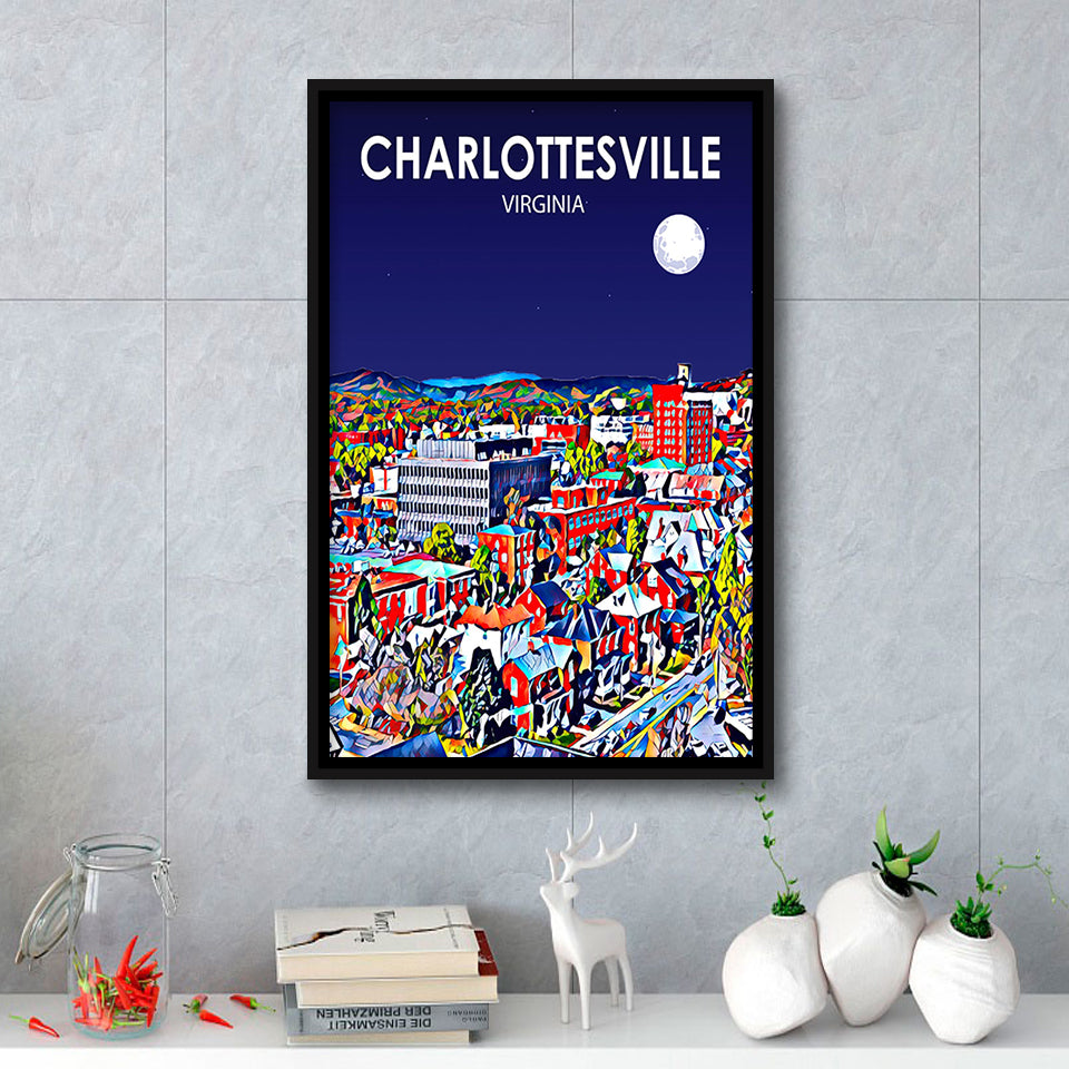 Charlottesville Virginia Art Night Landscape, Large Canvas, Framed Canvas Print Wall Art Home Decor, Floating Frame