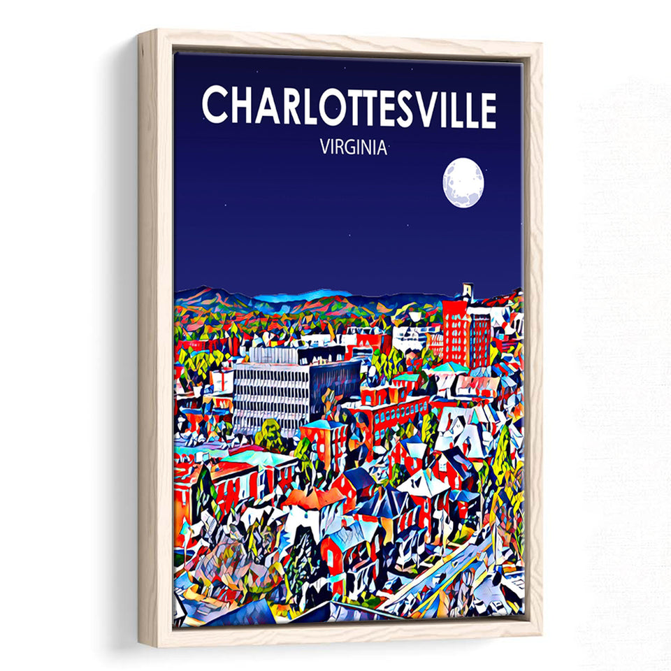 Charlottesville Virginia Art Night Landscape, Large Canvas, Framed Canvas Print Wall Art Home Decor, Floating Frame