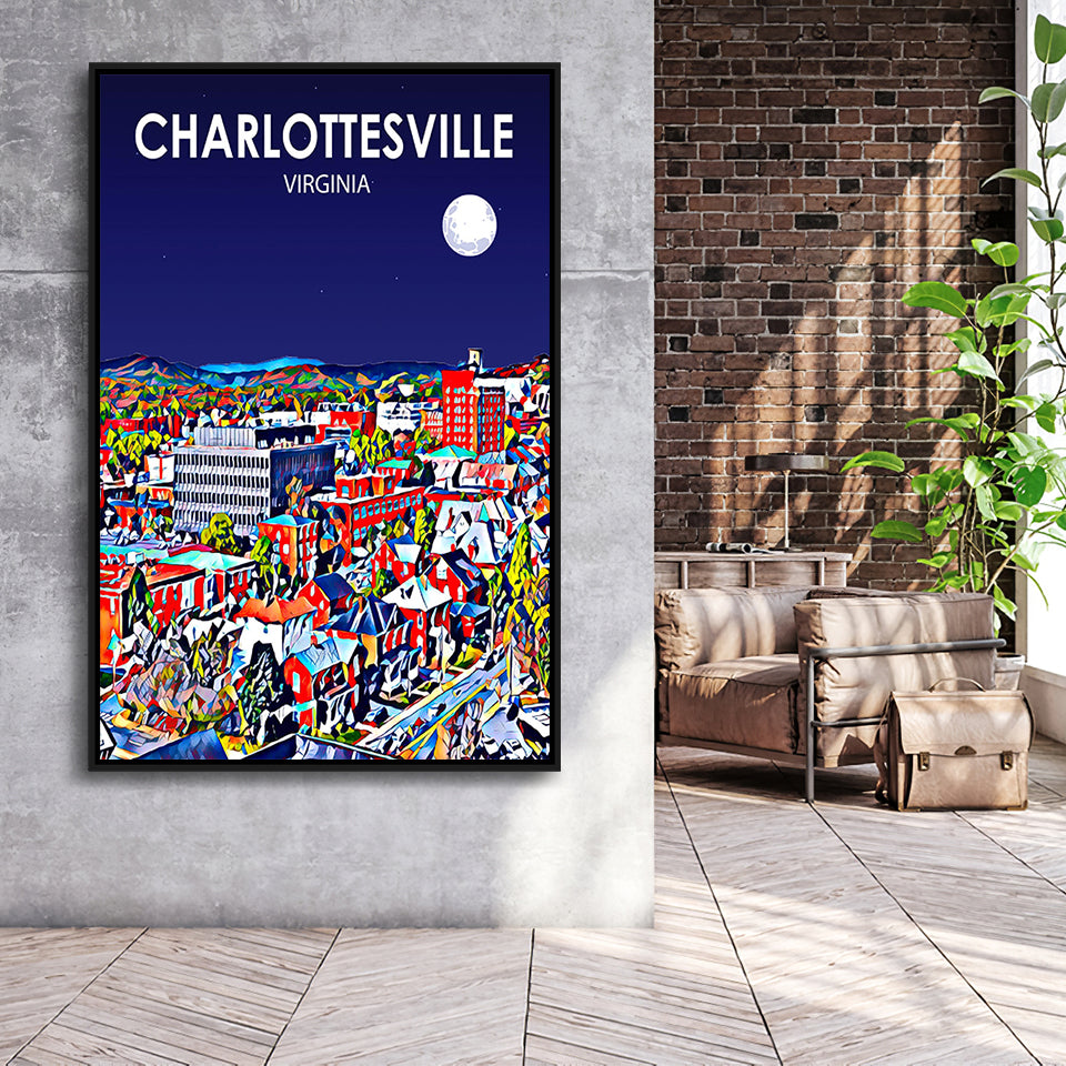 Charlottesville Virginia Art Night Landscape, Large Canvas, Framed Canvas Print Wall Art Home Decor, Floating Frame