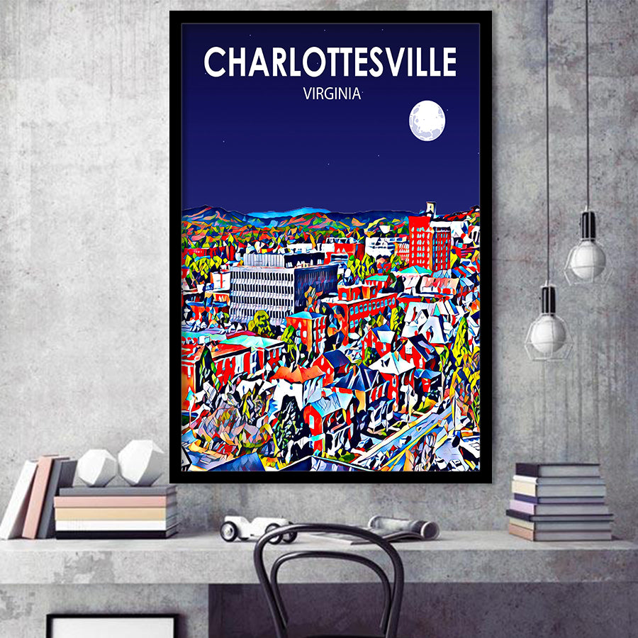 Charlottesville Virginia Art Night Landscape, City Art Print, Framed Art Print Wall Art Home Decor, Framed Picture