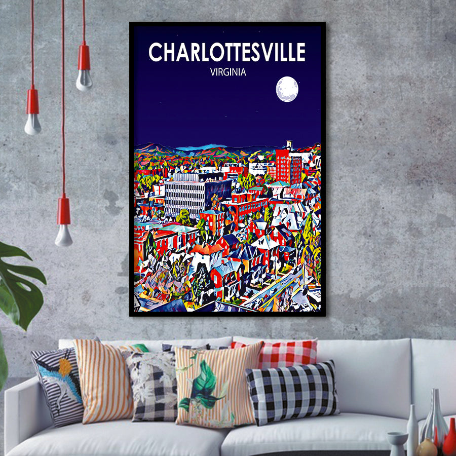 Charlottesville Virginia Art Night Landscape, City Art Print, Framed Art Print Wall Art Home Decor, Framed Picture