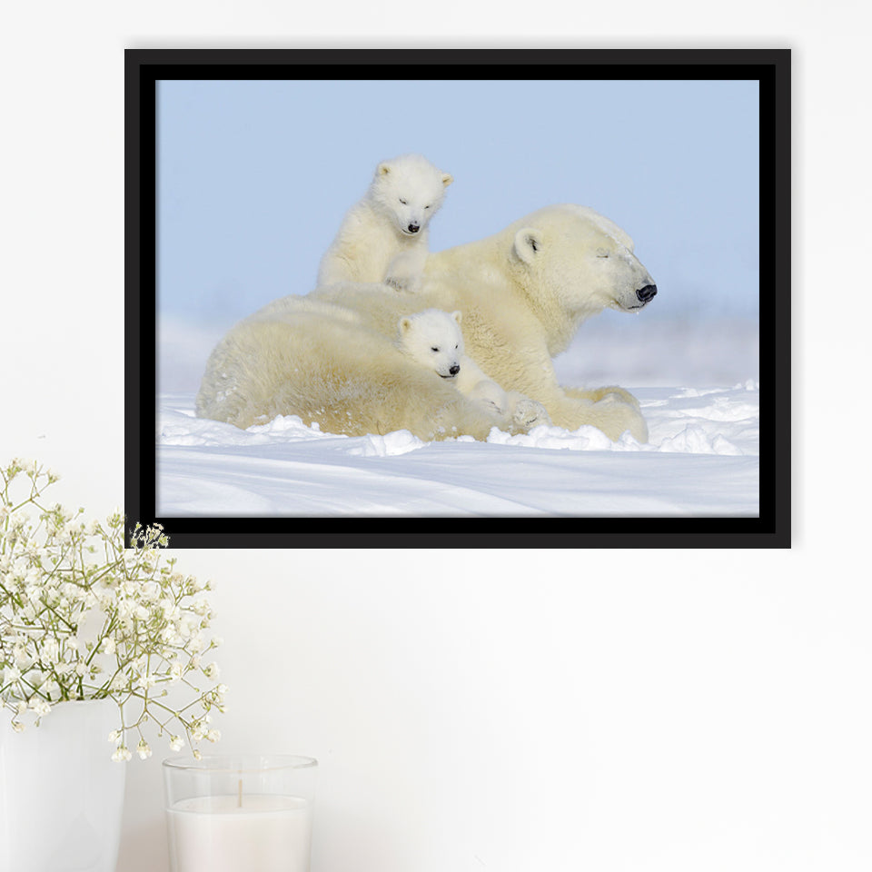Charming Family Polar Bears Framed Canvas Prints Wall Art Decor - Paiting Canvas, Art Prints, Floating Frame