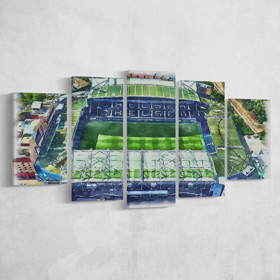 Chelsea FC Stamford Bridge Stadium Watercolor, 5 Pieces, Multi Panel Canvas Prints Wall Art Decor