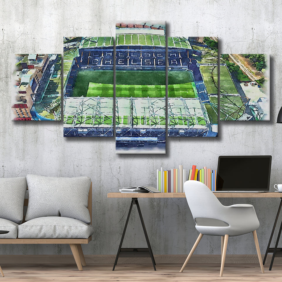 Chelsea FC Stamford Bridge Stadium Watercolor, 5 Pieces, Multi Panel Canvas Prints Wall Art Decor