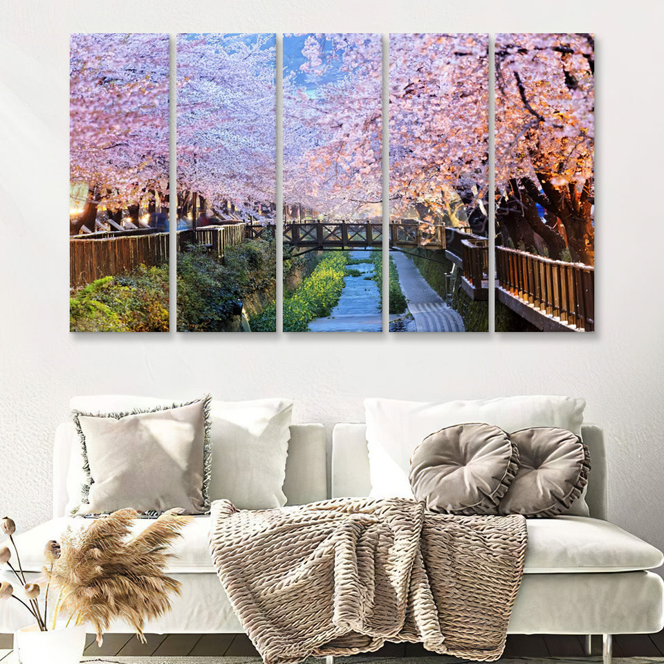 Cherry blossoms at night Busan city in South Korea 5 Pieces Canvas Prints Wall Art - Painting Canvas, Multi Panels, Wall Decor