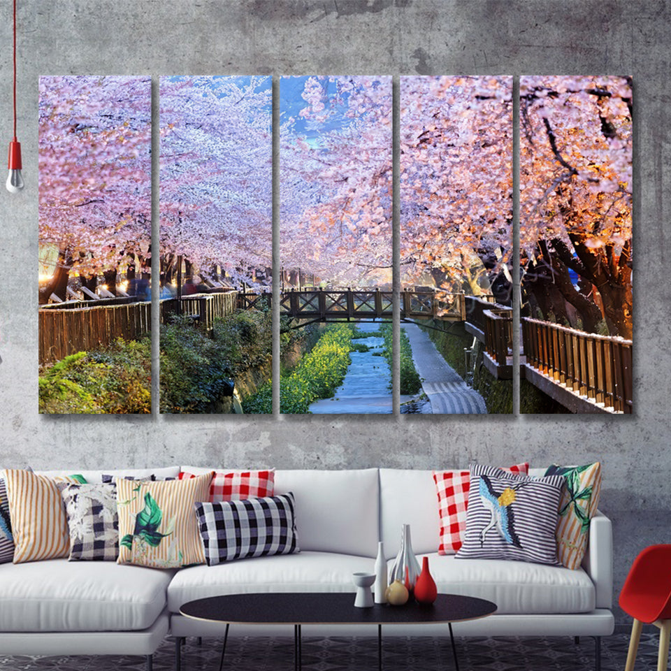Cherry blossoms at night Busan city in South Korea 5 Pieces Canvas Prints Wall Art - Painting Canvas, Multi Panels, Wall Decor