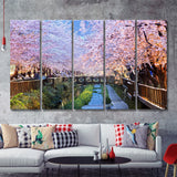 Cherry blossoms at night Busan city in South Korea 5 Pieces Canvas Prints Wall Art - Painting Canvas, Multi Panels, Wall Decor