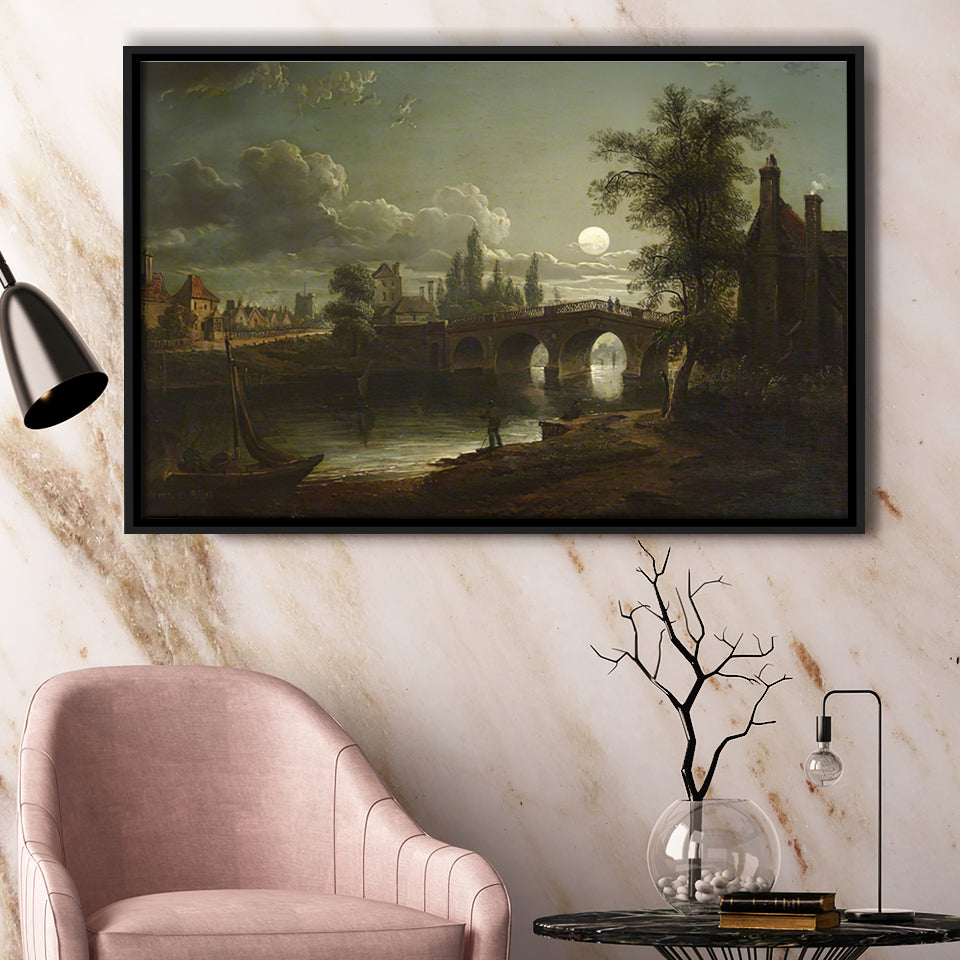 Chertsey Bridge By Moonlight Framed Canvas Prints Wall Art - Painting Canvas, Floating Frame, Wall Decor