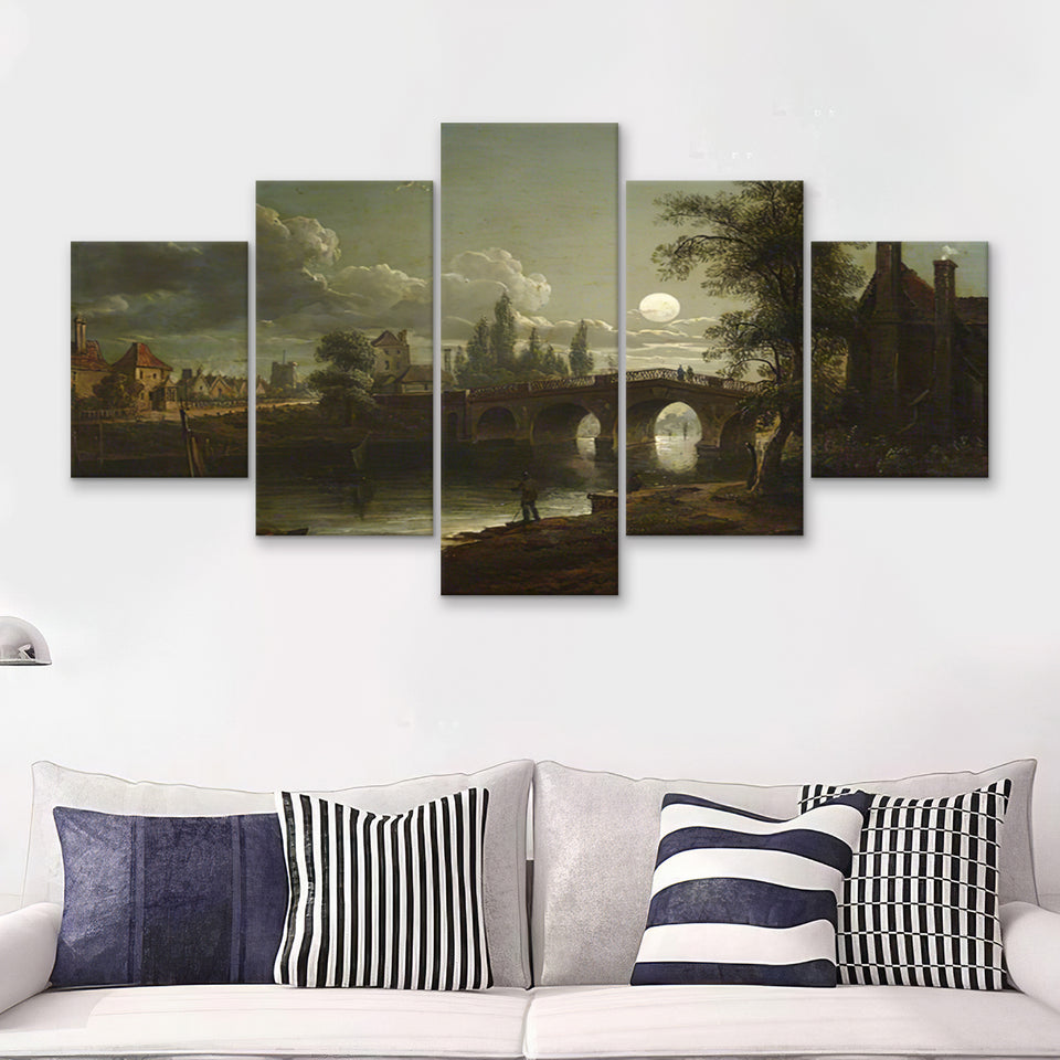 Chertsey Bridge By Moonlight 5 Pieces Canvas Prints Wall Art - Painting Canvas, Multi Panel